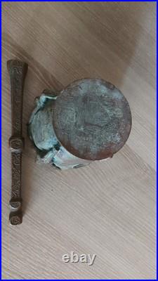 Vintage Brass Mortar with Jesus Crucifix & Pestle Antique Religious Verdigris