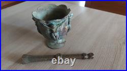 Vintage Brass Mortar with Jesus Crucifix & Pestle Antique Religious Verdigris