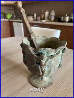 Vintage Brass Mortar with Jesus Crucifix & Pestle Antique Religious Verdigris