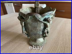 Vintage Brass Mortar with Jesus Crucifix & Pestle Antique Religious Verdigris