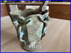 Vintage Brass Mortar with Jesus Crucifix & Pestle Antique Religious Verdigris