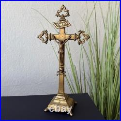 Vintage Bronze Altar Crucifix Catholic Standing Cross Religious Home Decor Gift