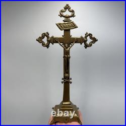 Vintage Bronze Altar Crucifix Catholic Standing Cross Religious Home Decor Gift