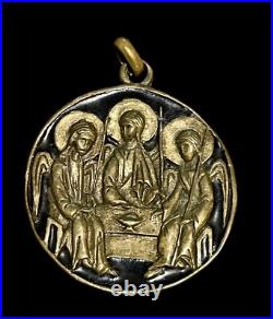 Vintage Bronze Holy Trinity Religious Icon Pendant Spiritual Protection