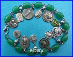 Vintage Catholic Charm Bracelet Green Beads 12 Small Medals Mary Jesus Saints