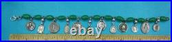 Vintage Catholic Charm Bracelet Green Beads 12 Small Medals Mary Jesus Saints