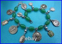 Vintage Catholic Charm Bracelet Green Beads 12 Small Medals Mary Jesus Saints