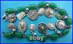 Vintage Catholic Charm Bracelet Green Beads 12 Small Medals Mary Jesus Saints