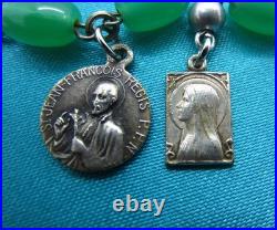 Vintage Catholic Charm Bracelet Green Beads 12 Small Medals Mary Jesus Saints