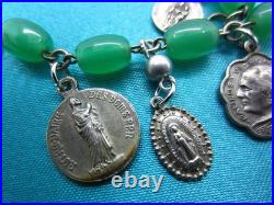 Vintage Catholic Charm Bracelet Green Beads 12 Small Medals Mary Jesus Saints