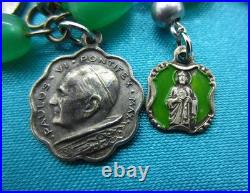 Vintage Catholic Charm Bracelet Green Beads 12 Small Medals Mary Jesus Saints