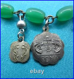 Vintage Catholic Charm Bracelet Green Beads 12 Small Medals Mary Jesus Saints