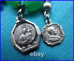 Vintage Catholic Charm Bracelet Green Beads 12 Small Medals Mary Jesus Saints