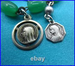 Vintage Catholic Charm Bracelet Green Beads 12 Small Medals Mary Jesus Saints