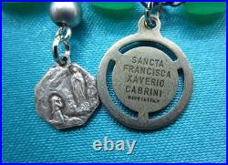 Vintage Catholic Charm Bracelet Green Beads 12 Small Medals Mary Jesus Saints