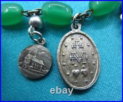 Vintage Catholic Charm Bracelet Green Beads 12 Small Medals Mary Jesus Saints