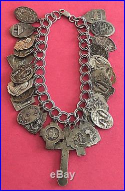 Vintage Catholic Religious Medal STERLING BRACELET 26 Antique Medals 7 1/4