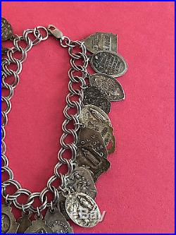 Vintage Catholic Religious Medal STERLING BRACELET 26 Antique Medals 7 1/4