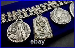 Vintage Catholic Rhinestone Charm Bracelet 10 Religious Saint Medals Relic Italy