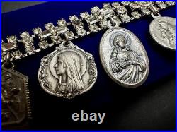 Vintage Catholic Rhinestone Charm Bracelet 10 Religious Saint Medals Relic Italy