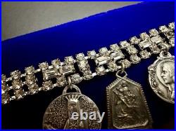 Vintage Catholic Rhinestone Charm Bracelet 10 Religious Saint Medals Relic Italy