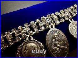 Vintage Catholic Rhinestone Charm Bracelet 10 Religious Saint Medals Relic Italy