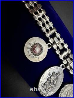 Vintage Catholic Rhinestone Charm Bracelet 10 Religious Saint Medals Relic Italy