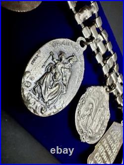 Vintage Catholic Rhinestone Charm Bracelet 10 Religious Saint Medals Relic Italy