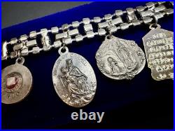 Vintage Catholic Rhinestone Charm Bracelet 10 Religious Saint Medals Relic Italy