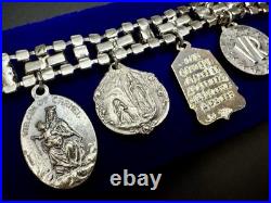 Vintage Catholic Rhinestone Charm Bracelet 10 Religious Saint Medals Relic Italy