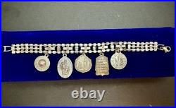 Vintage Catholic Rhinestone Charm Bracelet 10 Religious Saint Medals Relic Italy