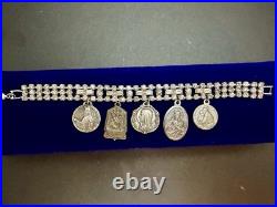 Vintage Catholic Rhinestone Charm Bracelet 10 Religious Saint Medals Relic Italy