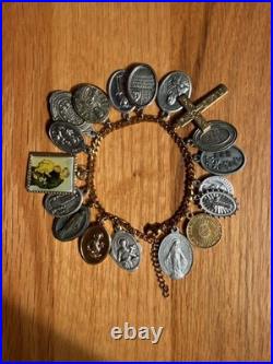 Vintage Catholic Saints Medals Crosses Religious Icons Charm Bracelet Antique
