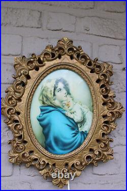 Vintage Chalk ceramic frame with madonna portrait with light religious frame