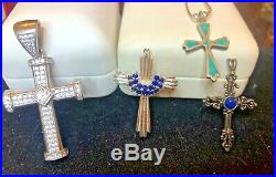 Vintage Estate Sterling Silver 4 Cross Pendant Religious Necklace Sapphire Lapis
