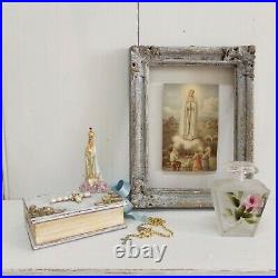 Vintage Fatima Virgin Mary Travel statue rhinestones crown Portuguese book case