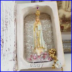 Vintage Fatima Virgin Mary Travel statue rhinestones crown Portuguese book case
