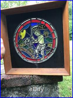 Vintage Framed Gothic Religious Stained Glass Window Portal Signed 18