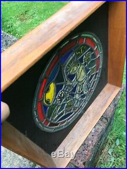 Vintage Framed Gothic Religious Stained Glass Window Portal Signed 18