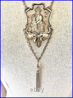 Vintage French Virgin Mary & Jesus Religious Silver Medallion Necklace withTassel