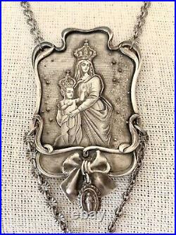 Vintage French Virgin Mary & Jesus Religious Silver Medallion Necklace withTassel