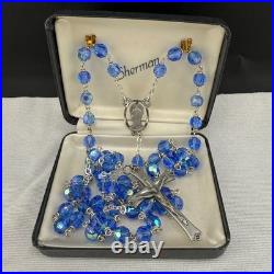 Vintage Glass Beaded Rosary Blue AB Pewter Cross Display Box 34