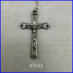 Vintage Glass Beaded Rosary Blue AB Pewter Cross Display Box 34