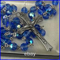 Vintage Glass Beaded Rosary Blue AB Pewter Cross Display Box 34
