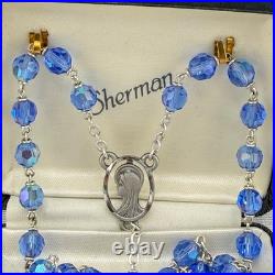Vintage Glass Beaded Rosary Blue AB Pewter Cross Display Box 34
