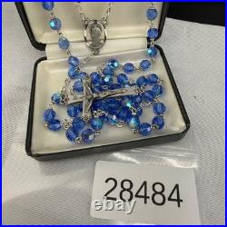 Vintage Glass Beaded Rosary Blue AB Pewter Cross Display Box 34