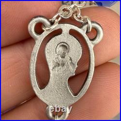 Vintage Glass Beaded Rosary Blue AB Pewter Cross Display Box 34