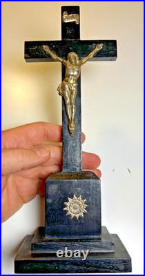 Vintage Mid-Century Crucifix Wood Base Metal Christ Figure Religious Altar Cross