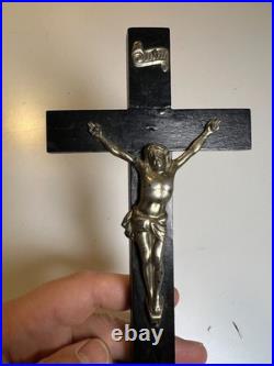 Vintage Mid-Century Crucifix Wood Base Metal Christ Figure Religious Altar Cross