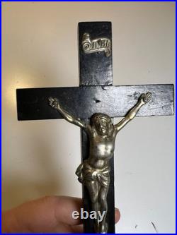 Vintage Mid-Century Crucifix Wood Base Metal Christ Figure Religious Altar Cross